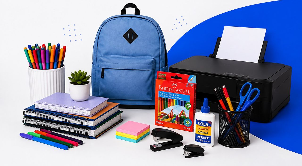 Mochila, cadernos e materiais escolares Papelaria Futura